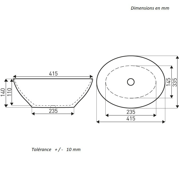 Dimensions - Vasque à poser ovale en céramique TANDILA noir marbré or - Le Monde Bain