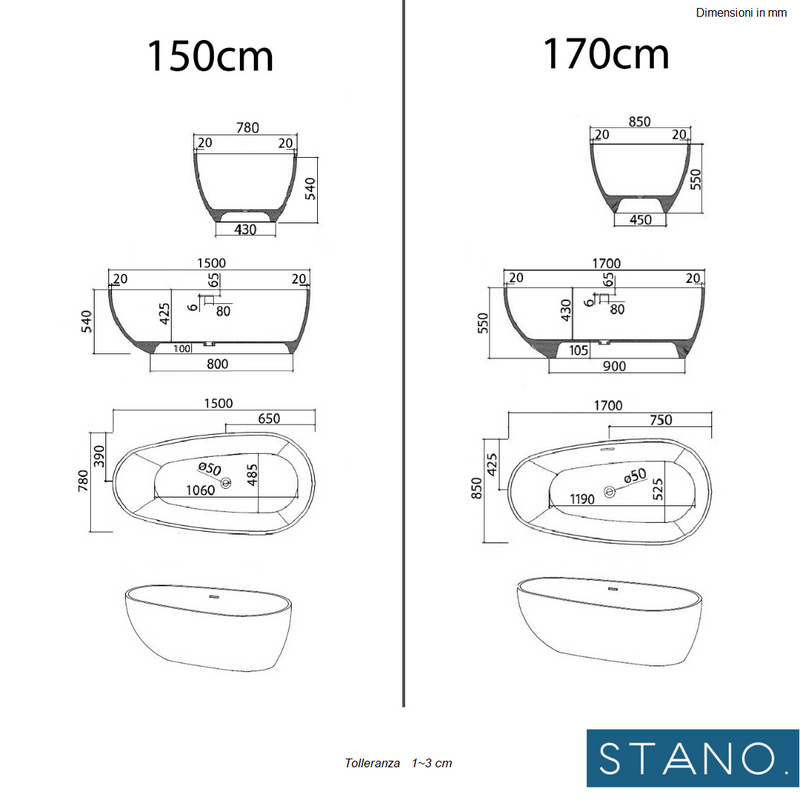 Dimensionsi - Vasca freestanding HELSINKI ovale in Solid Surface - Mondo del Bagno