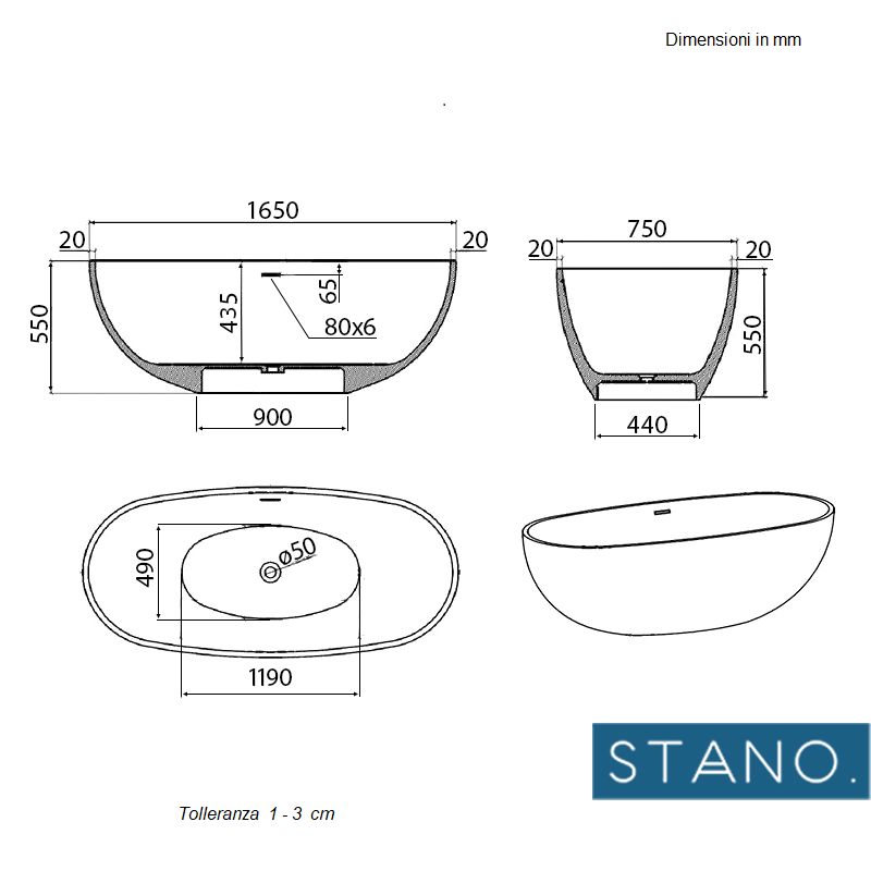 Dimensioni - Vasca freestanding MALMO ovale in Solid Surface - Mondo del Bagno