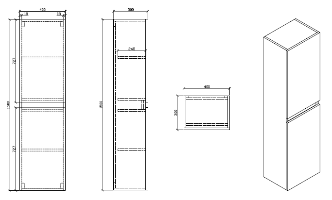 Dimensions - Grande armoire de rangement SIENA hauteur 150 cm, noyer - Le Monde du Bain