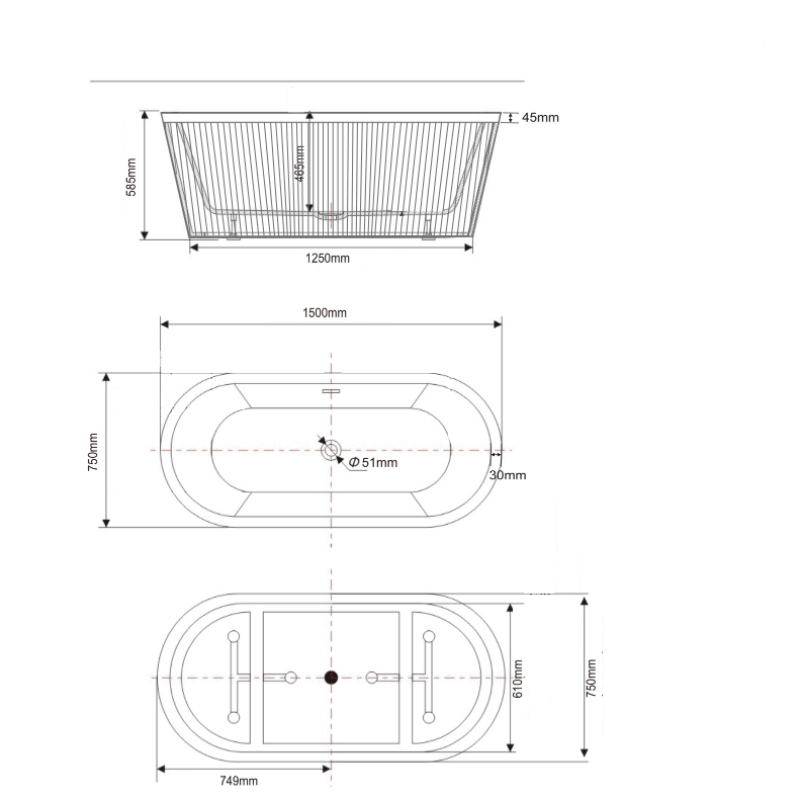 Dimensioni Vasca freestanding ovale CORBIN bianca 150 cm