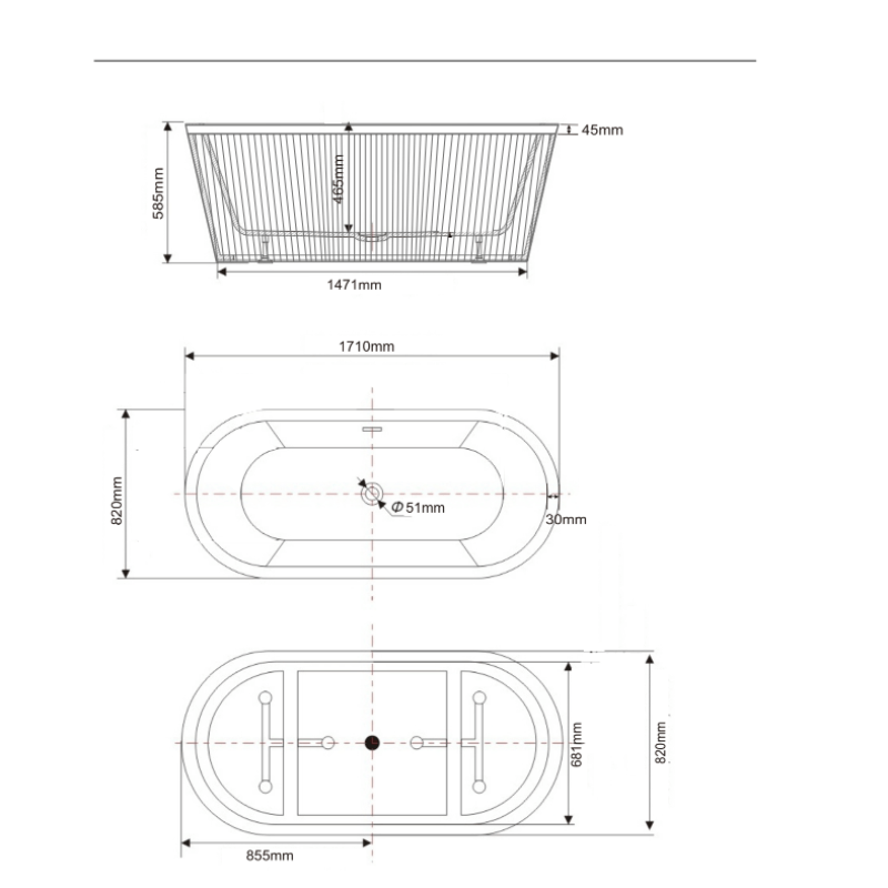 Dimensioni Vasca freestanding ovale CORBIN bianca 170 cm