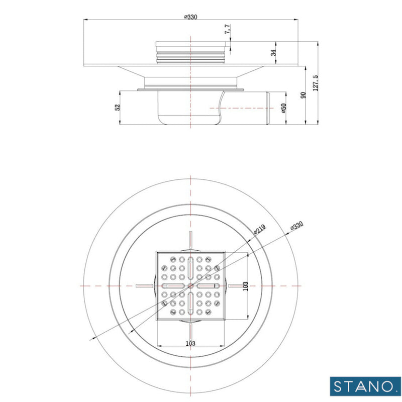 Dimensioni - Piletta di scarico orizzontale DINO per piatto doccia piastrallabile Ø90 DINO con griglia in acciaio inox - Mondo del Bagno