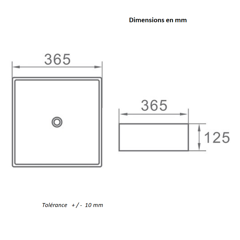 Dimensioni - Lavabo da appoggio quadrato in ceramica RIVA biaco opaco 36,5 cm - Mondo del Bagno