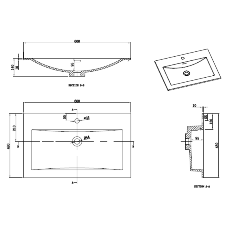 Dimensions simple vasque du meuble salle de bain design SIENA largeur 60 cm - Le Monde du Bain