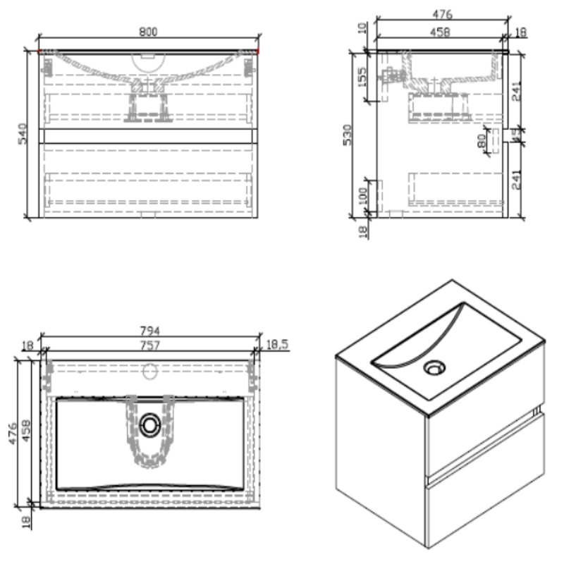 Dimensions - Meuble salle de bain design simple vasque SIENA largeur 80 cm, noyer - Le Monde du Bain