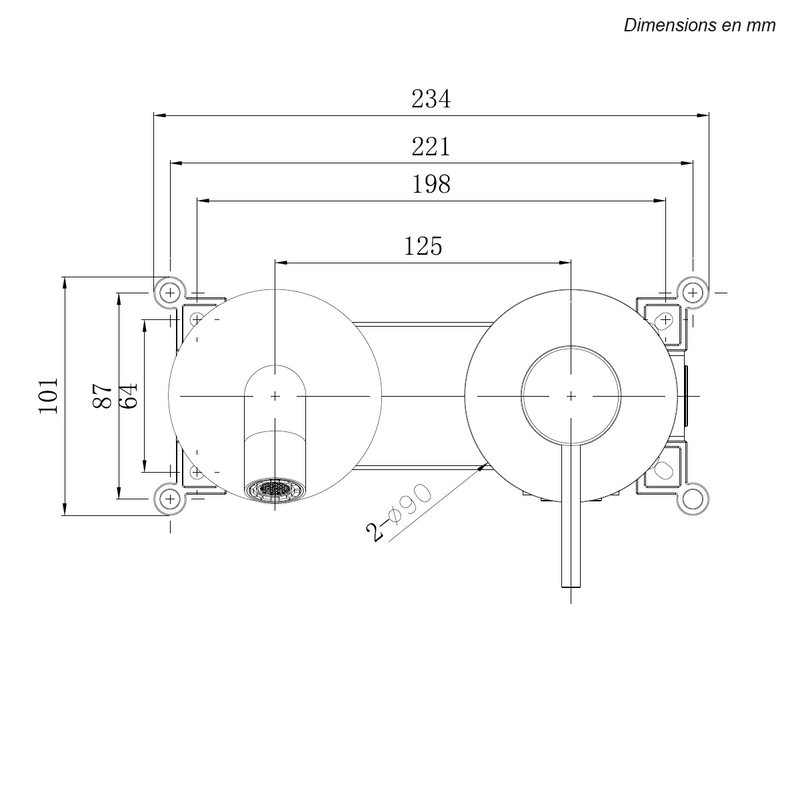 Dimensions - Rubinetto miscelatore da incasso 2 fori a parete PIZO nero opaco - Mondo del Bagno