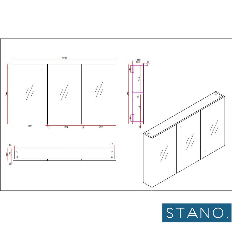 Dimensioni Armadietto da bagno a specchio FORTINA 120 cm - rovere chiaro