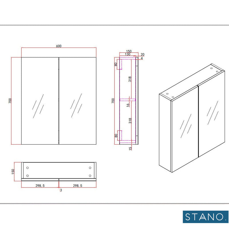 Dimensioni Armadietto da bagno a specchio FORTINA 60 cm - rovere chiaro