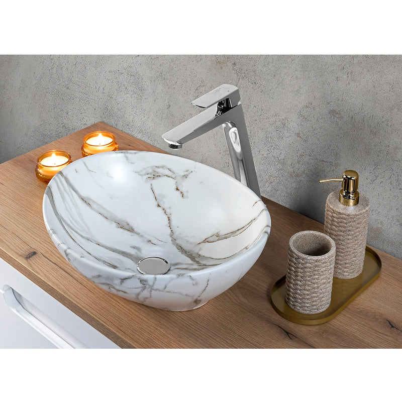 Lavabo da appoggio ovale in ceramica PAT bianco marmorizzato.