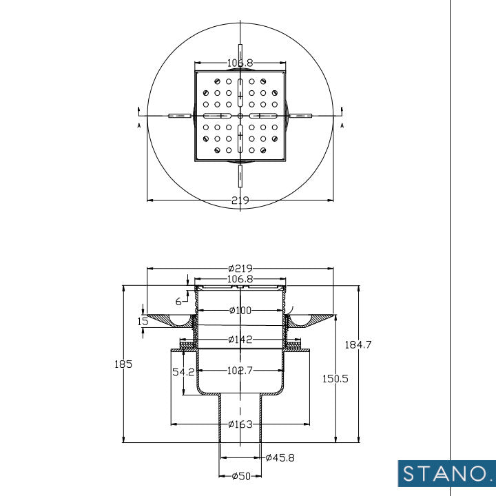 Dimensioni Piletta di scarico verticale DINO per piatto doccia piastrallabile Ø90 con griglia in acciaio inox - Mondo del Bagno
