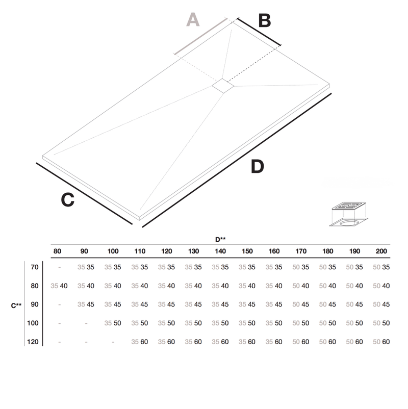 Dimensioni - Piatto doccia ultrasottile MADISON in resina finitura ardesia cemento - Mondo del Bagno